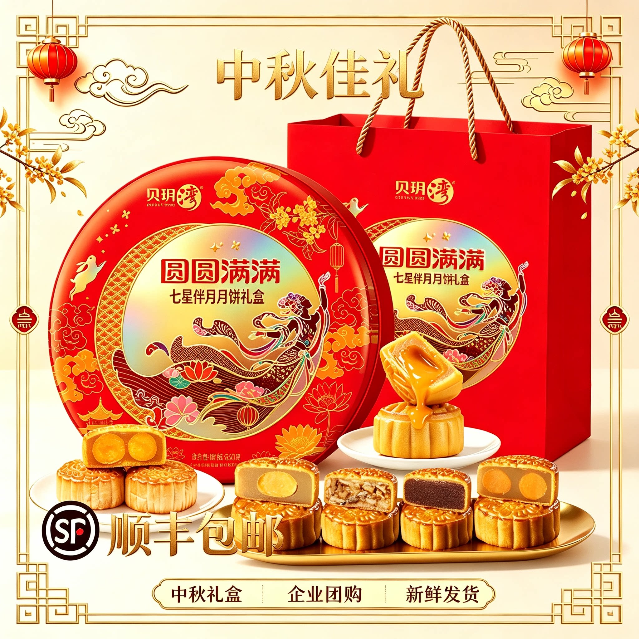 贝玥湾 七星伴月双黄白莲蓉月饼礼盒团购员工福利送礼客户答谢