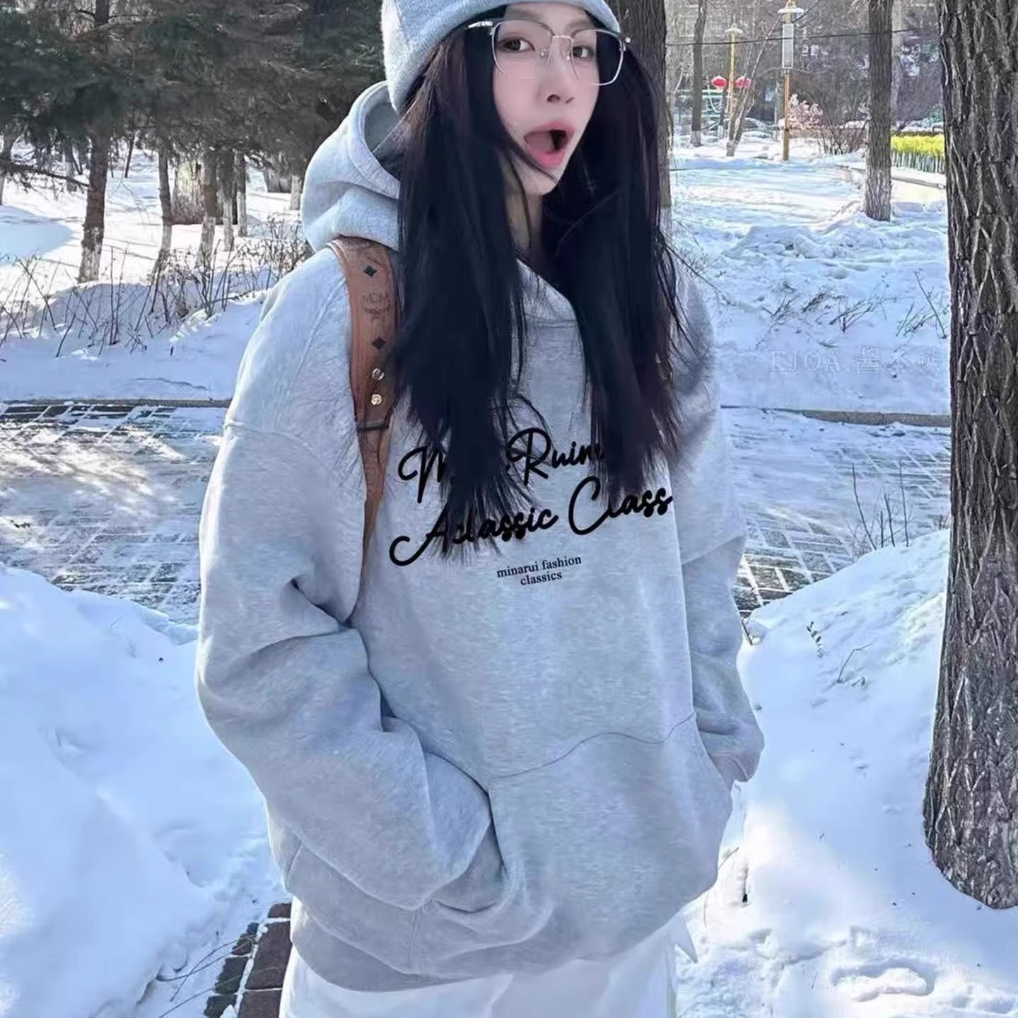 2025秋冬新款加绒加厚灰色卫衣女