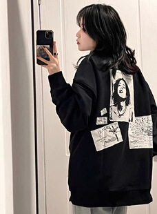 欧美风100%纯棉潮牌圆领卫衣春秋薄款美式宽松oversize黑色上衣女