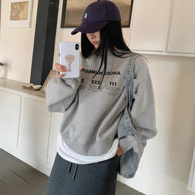 纯棉美式小众灰色圆领卫衣女宽松