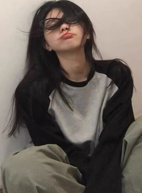 纯棉设计感小众插肩长袖t恤女松弛风2025春秋百搭灰拼黑色ins上衣