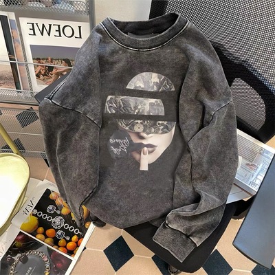 秋冬款水洗做旧款圆领无帽卫衣女