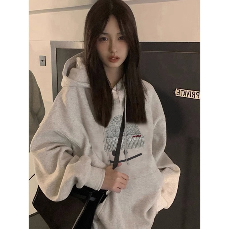 2025秋冬加绒加厚白灰色卫衣女