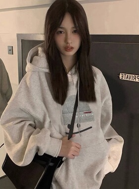 2025秋冬新款加绒加厚白灰色连帽卫衣女宽松oversize美式潮牌上衣