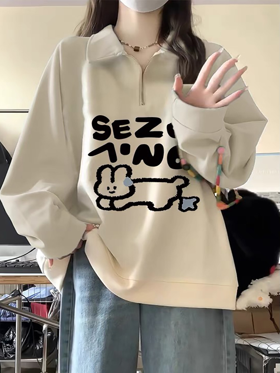 polo衫翻领卫衣韩版宽松可爱小众设计感春秋薄款印花上衣长袖女潮