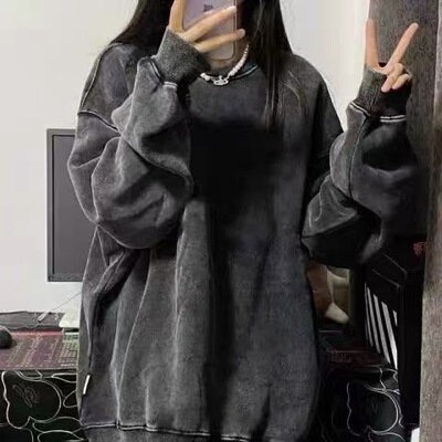 美式高街复古做旧黑色水洗卫衣