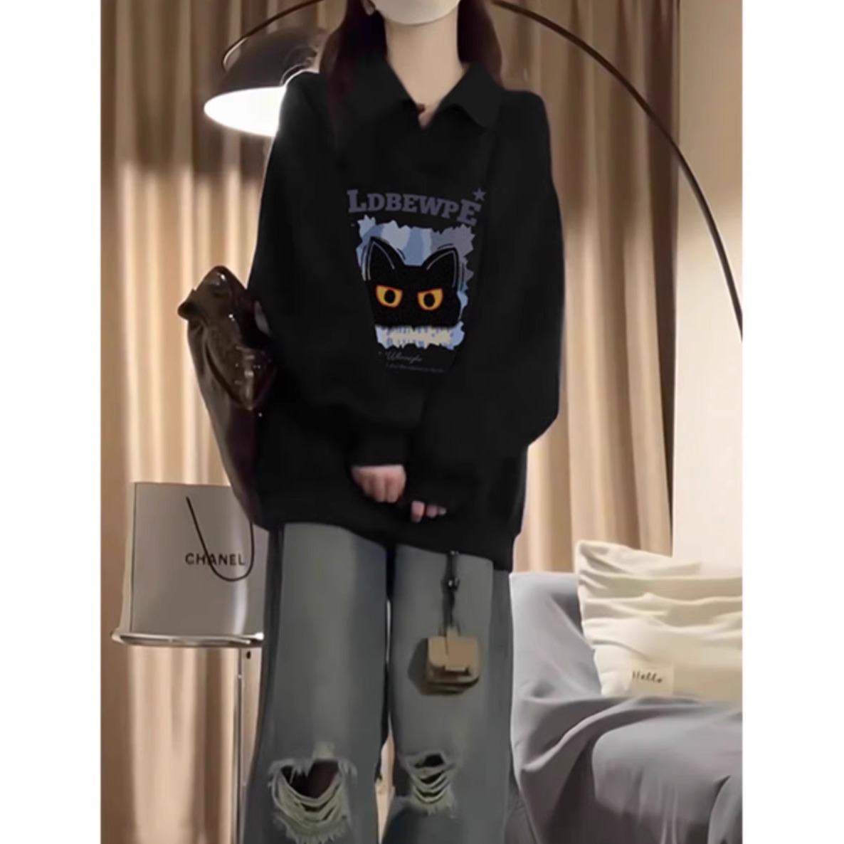 纯棉黑色polo衫无帽卫衣女宽松