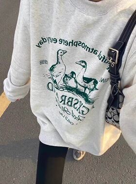 重磅白灰色美式复古秋冬新款加绒加厚纯棉圆领卫衣无帽潮牌上衣女