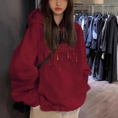 纯棉酒红色连帽卫衣女宽松弛风