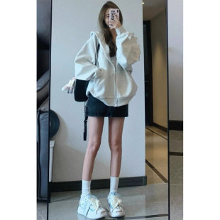 美式小众拉链开衫外套女新款2025爆款时尚洋气连帽小个子穿搭卫衣