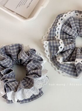 韩系蕾丝花边大肠发圈灰色格纹头绳丸子头马尾橡皮筋皮套扎头发绳