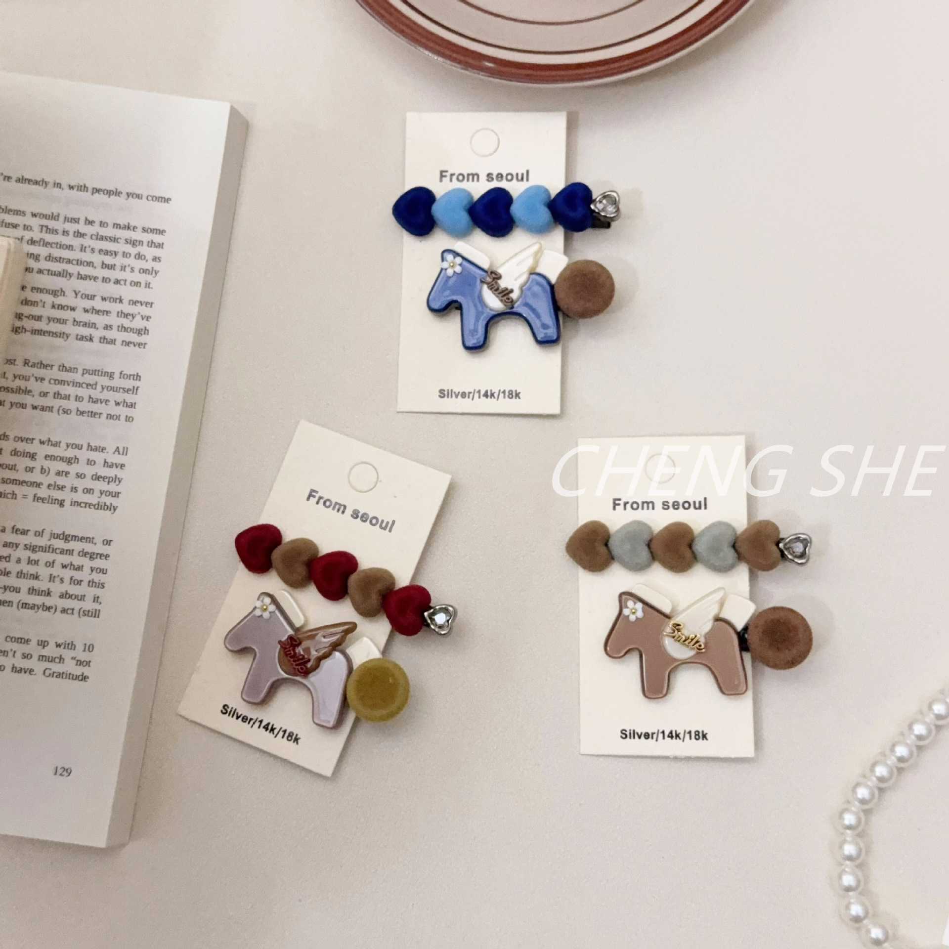 韩国精致醋酸小马植绒爱心发夹可爱百搭侧边夹卡通刘海夹发卡对夹