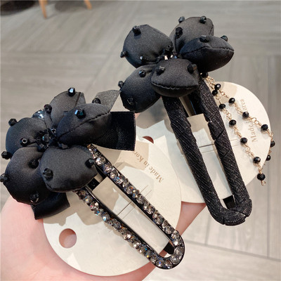 韩国东大门新款高级感手工缝制水晶花朵发夹流苏后脑勺盘发懒人夹