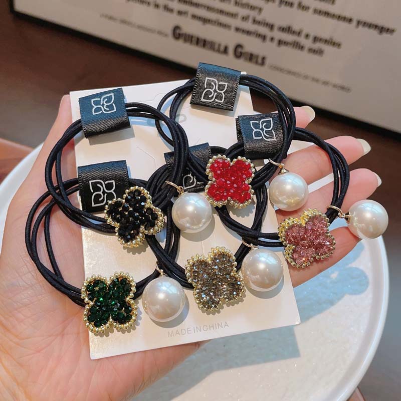 镶钻幸运草珍珠发圈满钻四叶草发绳轻奢重工头绳双股辫弹力皮筋