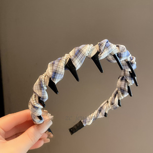 蓝色格子珍珠绕布发箍女款高颅顶发卡日常外戴小清新头箍头饰发饰