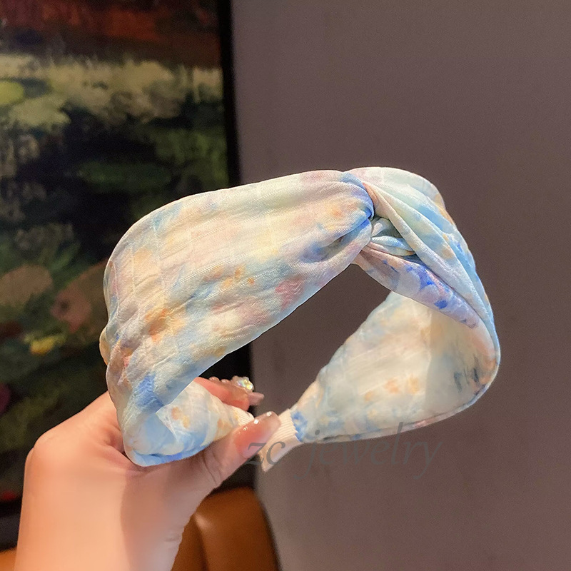 高级感蓝色油画扎染宽边交叉发箍女甜美高颅顶头箍外出百搭发卡