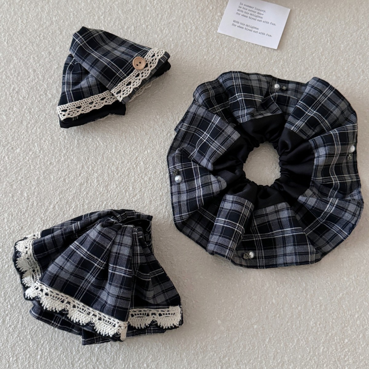 韩系复古黑色格纹大肠发圈女低马尾发绳后脑勺半扎发裙摆抓夹发卡