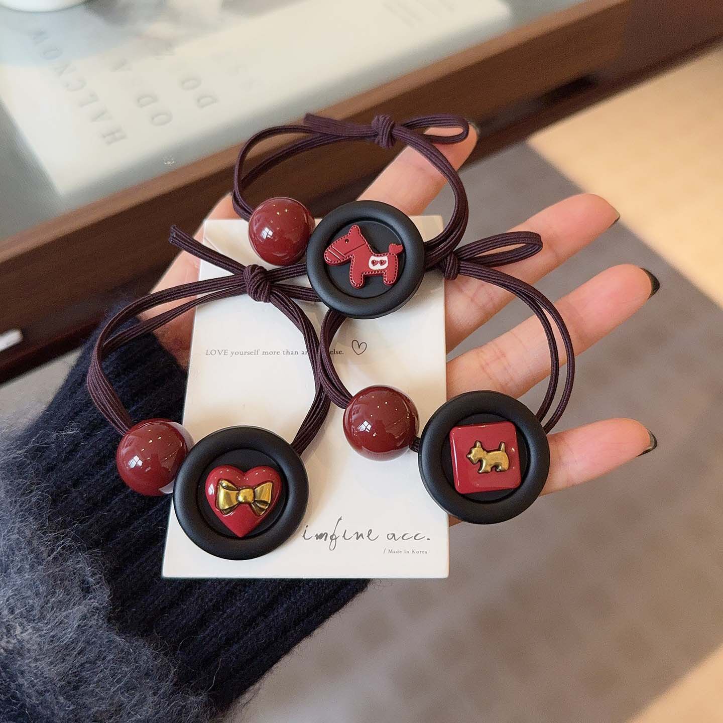 红色圆球小马发圈头绳马尾橡皮筋高弹力皮套蝴蝶结扎头发绳头饰