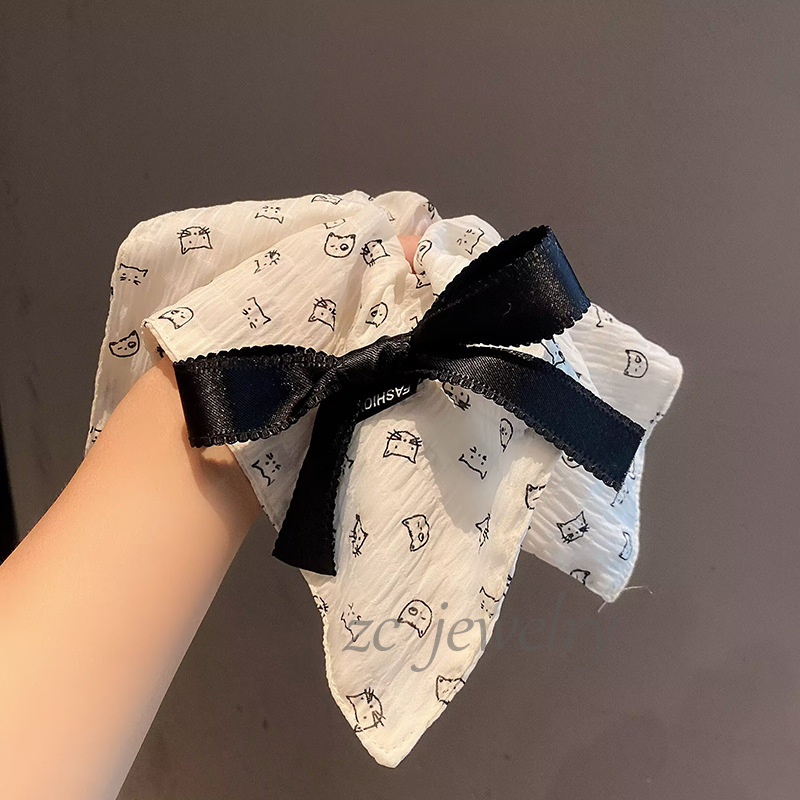 韩系东大门新款卡通猫咪方巾大肠发圈蝴蝶结发绳甜美后脑勺扎头绳