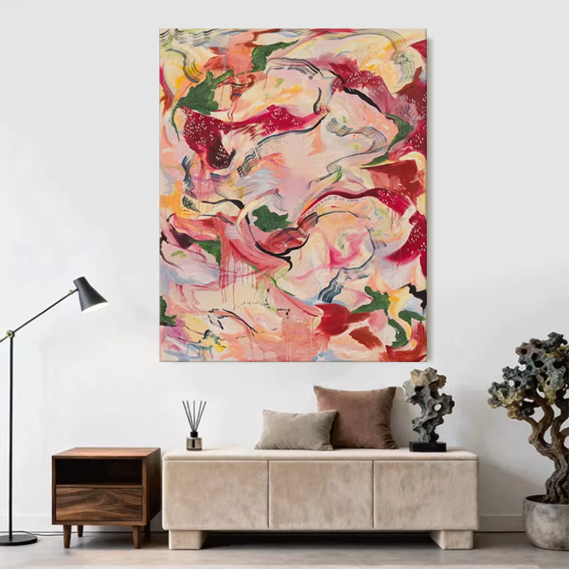 手绘油画彩色波洛克抽象装饰挂画客厅玄关小众艺术奶油风落地油画