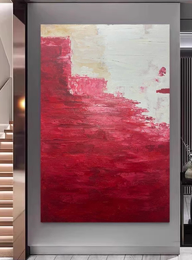 手绘油画《天梯》抽象客厅画高级装饰画红色设计师搭配背景大堂画