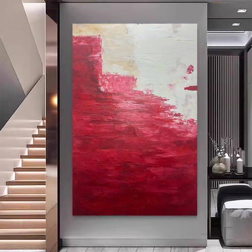 手绘油画《天梯》抽象客厅画高级装饰画红色设计师搭配背景大堂画