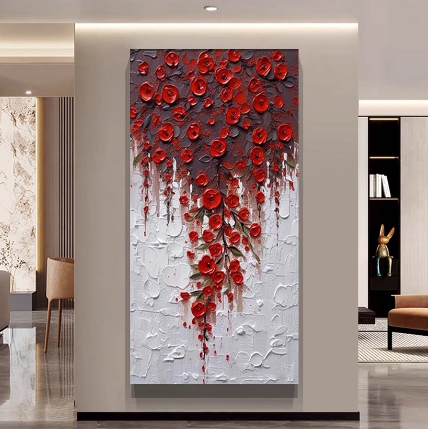 XD 手绘红色花卉轻奢客厅装饰画沙发背景墙高级感落地画玄关挂画