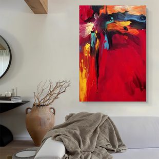 XD手绘油画《热情如火》极简装饰画现代红色抽象画玄关画客厅画