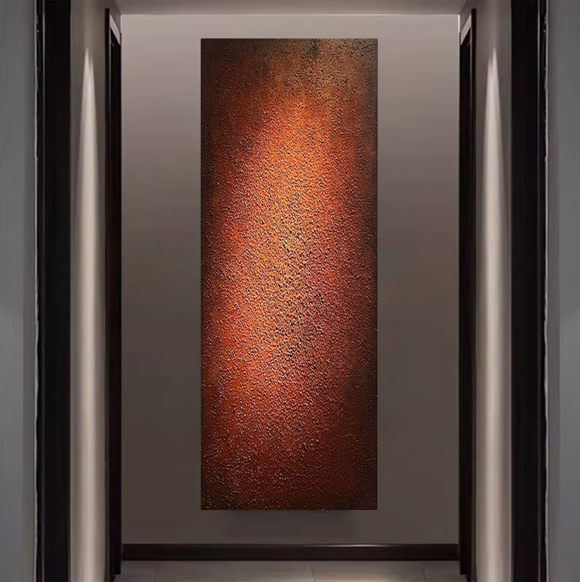 纯手绘橙红色楼梯玄关处长条竖版油画抽象装饰画走廊入户墙上挂画