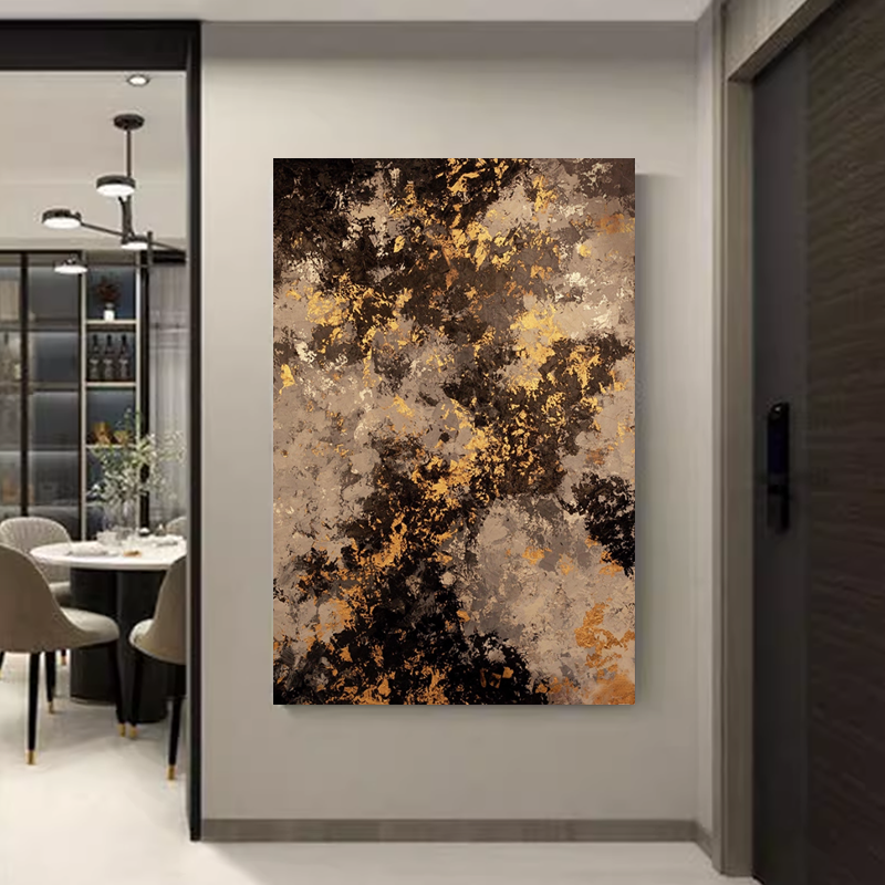 手绘油画《金缕》意式极简轻奢抽象客厅高级装饰画金箔现代玄关画