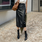 黑色开叉包臀大码 皮裙半身裙女高腰中长款 显瘦秋冬新款 职业一步裙