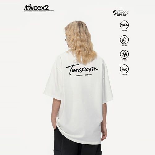 TWOEX2凉感草写短袖t恤美式国潮牌重磅情侣半袖