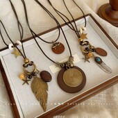 新中式 禅意古铜羽毛项链女波西米亚民族风双层叠戴长款 毛衣链配饰