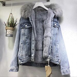 加厚加绒牛仔外套女秋冬季百搭韩版宽松保暖可拆卸大毛领棉衣棉服
