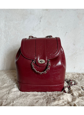 Cardinal Red韩国小众定制复古油蜡牛皮小香风水桶链条双肩包女