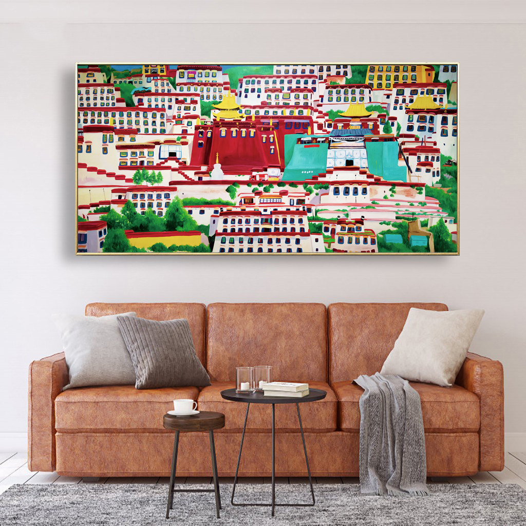 布达拉宫挂画客厅背景墙有框画西藏拉萨城市建筑风景画大幅装饰画