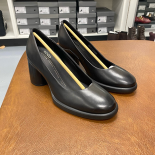 ECCO爱步女鞋通勤职业真皮浅口高跟鞋粗跟单鞋皮鞋222603雕塑奢华