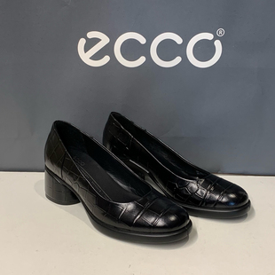 ECCO爱步女鞋新款真皮粗跟高跟百搭小皮鞋浅口单鞋222493雕塑奢华