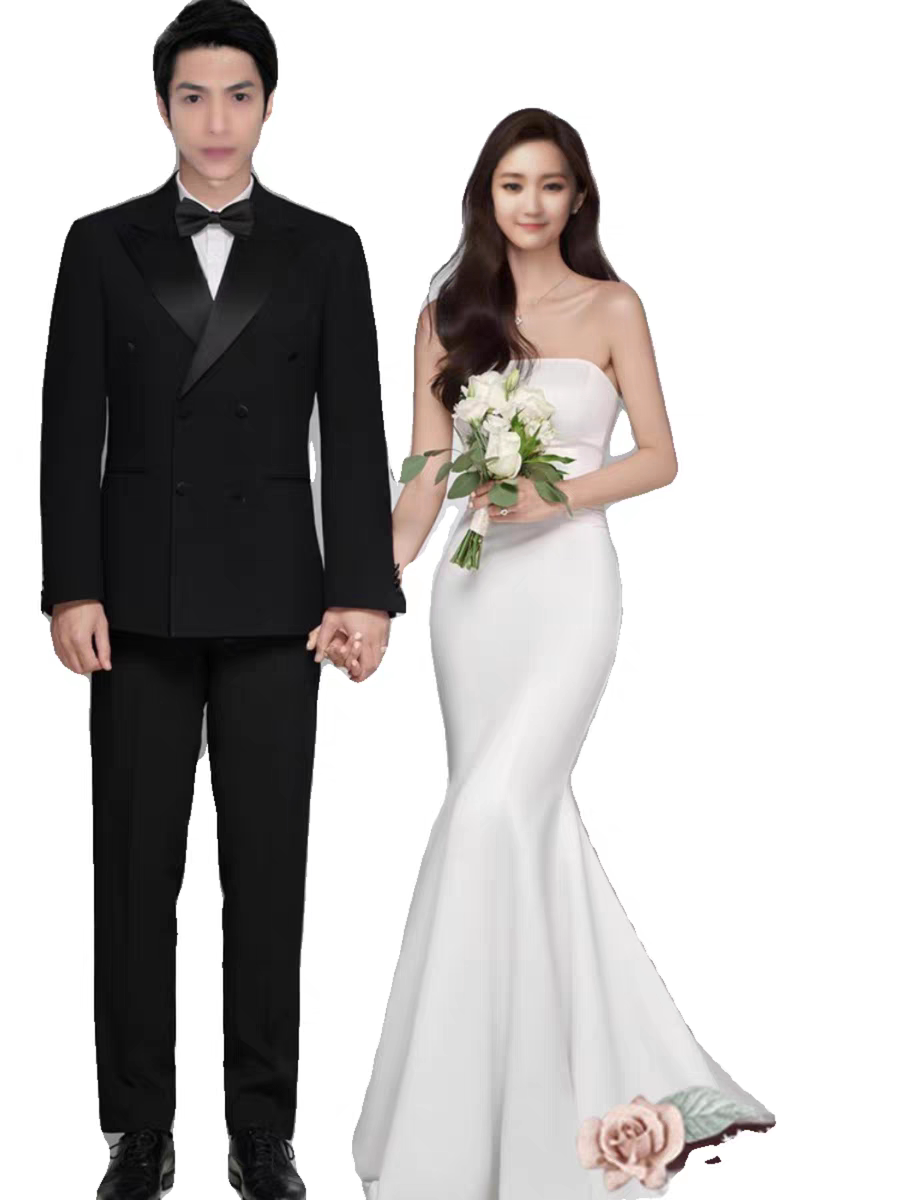 婚纱抹胸鱼尾显瘦缎面拖尾简约韩式高级内景礼服影楼主题情侣服装