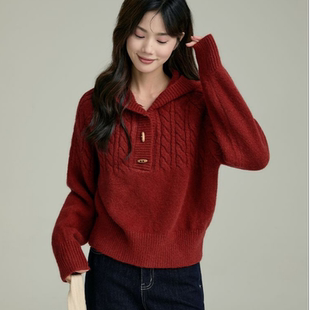红色新年高级感连帽套头毛衣外套女2026年春季穿搭气质上衣针织衫
