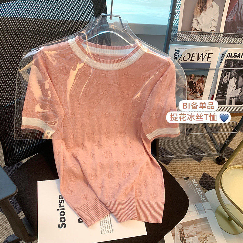2026夏季新款短袖冰丝针织衫圆领提花撞色上衣潮牌t恤衫宽松女装