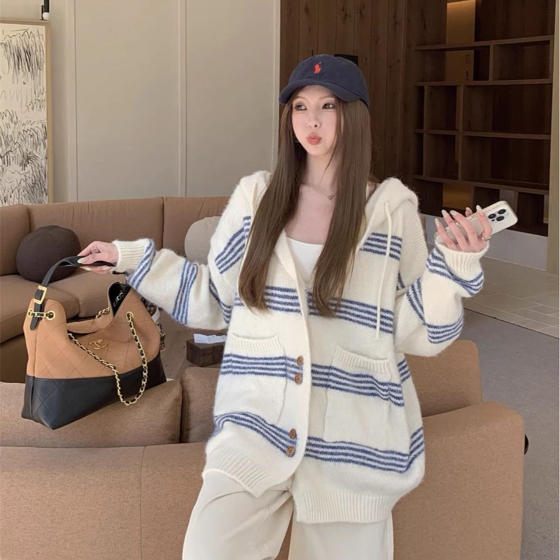 韩系慵懒风条纹连帽毛衣2025年新款秋季宽松加厚针织开衫外套上衣