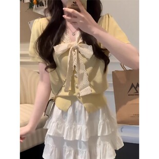 法式高级感蝴蝶结浅黄色泡泡袖上衣女2026夏季新款冰丝针织衫短袖