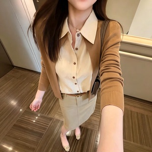 设计感假两件拼接针织开衫女2026早秋显瘦简约翻领衬衫老钱风上衣