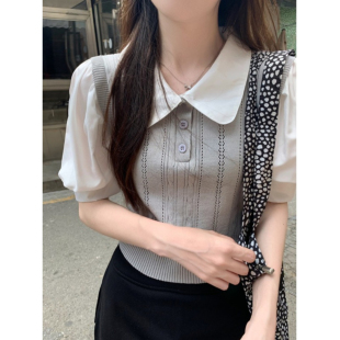 法式奶系假两件针织拼接衬衫女夏季2024新款韩系温柔短款修身上衣