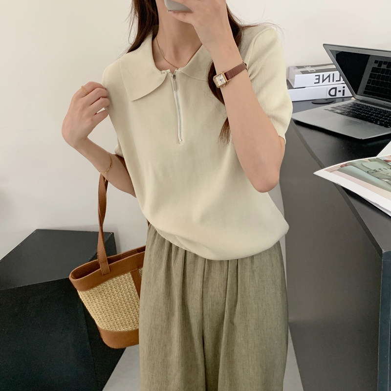 拉链翻领polo领针织衫短袖短款图片