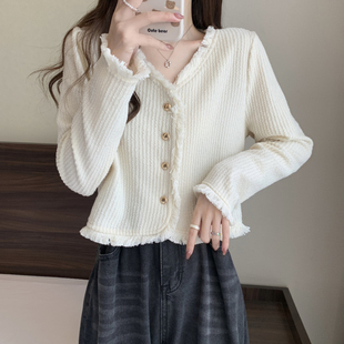 小香风气质V领流苏边长袖上衣女针织衫秋冬装韩版复古开衫短外套