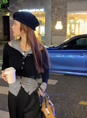 灰色露肩短款针织开衫女2026春季宽松韩版百搭假两件简约慵懒显瘦