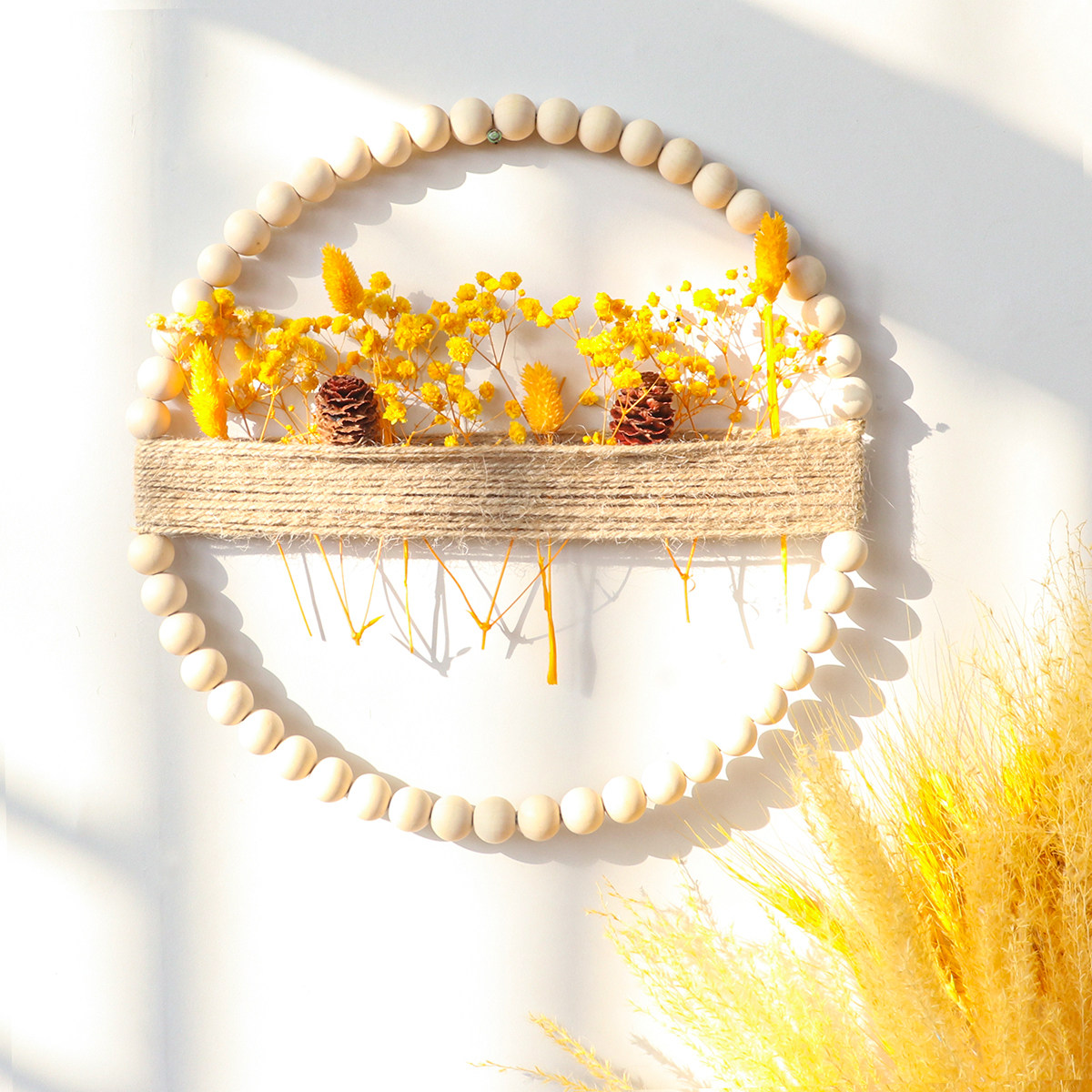 北欧ins风手工编织木质串珠干花装饰壁饰墙壁挂件家居软装摆件