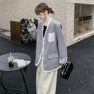 灰色蕾丝拼接西装外套女2025年春秋季新款高级感宽松流行西服上衣图片
